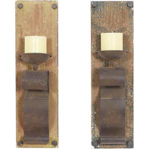 imageDeco 79 Wood Scroll Wall Sconce Distressed Pillar with Bronze Metal Holders set of 2 6quot x 4quot x 19quot Brown