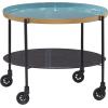 imageDeco 79 Round Black Metal Wheeled Coffee Table with Teal Enamel Tray Top and Tinted Glass Shelf 26quot X 19quot