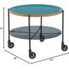 imageDeco 79 Round Black Metal Wheeled Coffee Table with Teal Enamel Tray Top and Tinted Glass Shelf 26quot X 19quot
