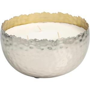 imageDeco 79 Metal Decorative Candle Vanilla Marshmallow Scented Hammered 30 oz 3 Wick Aromatherapy Candle with White Wax Wax Aromatherapy Candle 7quot x 7quot x 4quot Silver