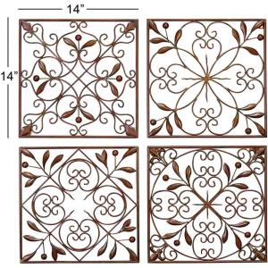 imageDeco 79 Metal Fleur De Lis Home Wall Decor Wire Scroll Wall Sculpture with Gold Accents Set of 4 Wall Art 16quotW 16quotH Brown14L x 14W