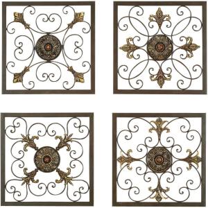 imageDeco 79 Metal Fleur De Lis Home Wall Decor Wire Scroll Wall Sculpture with Gold Accents Set of 4 Wall Art 16quotW 16quotH Brown16L x 16W