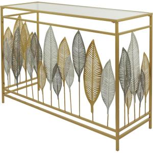 imageDeco 79 Metal Leaf Console Table with Glass Top and Gold Accents 44quot x 16quot x 30quot BlackGold