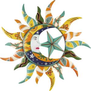 imageDeco 79 Metal Sun and Moon Indoor Outdoor Abstract Patterned Wall Decor with Teal and Orange Accents 36quot x 2quot x 36quot Multi Colored355L x 2W