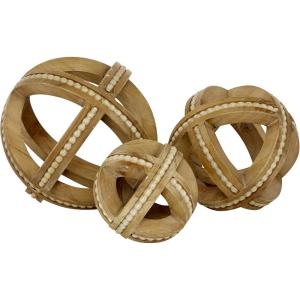 imageDeco 79 Wood Geometric Handmade Decorative Sculpture Beaded Home Decor Statues Set of 3 Accent Figurines 7quot 6quot 4quotH Light BrownLight Brown