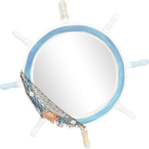 imageDeco 79 Wood Ship Wheel Room Wall Mirror Entryway Mirror with White Spokes and Sealife with Netting Accent Wall Mounted Mirror 25quot x 2quot x 25quot Blue