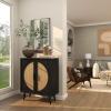 imageDeco 79 Wood Geometric Room Cabinet Geometric Cane Front 1 Shelf and 2 Doors Storage Cabinet Accent Cabinet 36quot x 16quot x 43quot Black