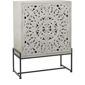 imageDeco 79 Wood Floral Intricately Carved 1 Shelf and 2 Doors Cabinet 30quot x 15quot x 42quot WhiteGrey