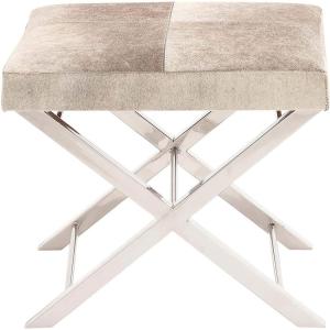 imageDeco 79 Stainless Steel Metal Living Room Stool Hair on Hide Ottoman with Silver Metal Base Foot Stool 20quot x 16quot x 18quot Beige