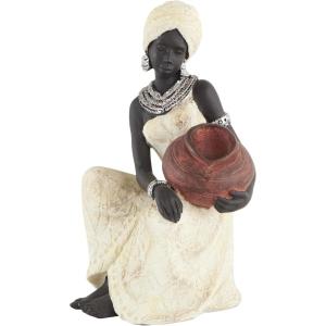 imageDeco 79 Polystone Woman Decorative Sculpture Sitting African Home Decor Statue with Red Water Pot Accent Figurine 6quot x 6quot x 10quot CreamCream