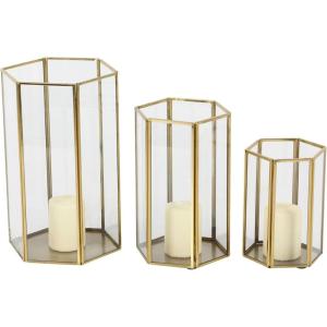 imageCosmoLiving by Cosmopolitan Glass Decorative Candle Lantern with Metal Plate Set of 3 6quot 8quot 10quotH Gold3 PIECES SMALL SIZE