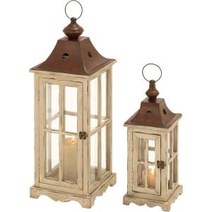 imageDeco 79 Wood Lighthouse Style Decorative Candle Lantern with Black Ring Handle 23quot x 9quot x 9quot BrownCream