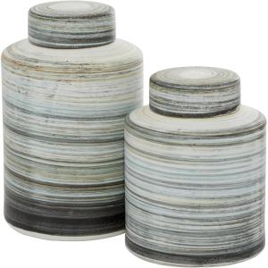 imageDeco 79 Ceramic Living Room Decorative Jars Striped Decorative Container Set of 2 Jar with Lid 13quot 10quotH Gray