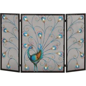 imageDeco 79 Metal Peacock Fireplace Screen Rainbow 3 Panel with Crystal Accents and Black Frame 48quot x 1quot x 32quot Blue
