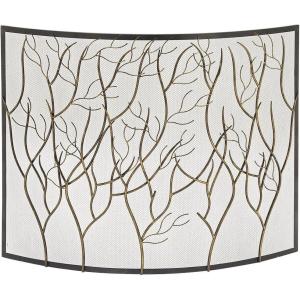 imageDeco 79 Metal Tree Single Panel Fireplace Screen with Mesh Netting 39quot x 7quot x 33quot BrassBrass
