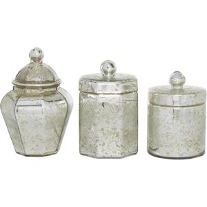 imageDeco 79 Glass Living Room Decorative Jars Decorative Container Set of 3 Jar with Lid 8quot 9quot 7quotH Silver