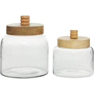 imageDeco 79 Glass Living Room Decorative Jars Decorative Container with Wood Lids Set of 3 Jar with Lid 8quot 9quot 11quotH ClearClear
