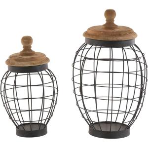 imageDeco 79 Metal Living Room Decorative Jars Caged Style Decorative Container with Wood Lids Set of 2 Jar with Lid 12quot 15quotH Black