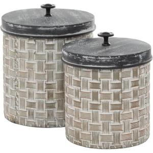imageMetal Living Room Decorative Jars Decorative Container with Weave Inspired Pattern Set of 2 Jar with Lid 9quot 8quotH Brown