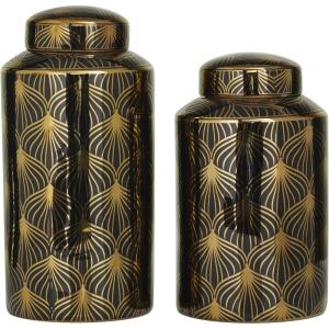 imageThe Novogratz Ceramic Geometric Living Room Decorative Jars Decorative Container with White Accents Set of 2 Jar with Lid 14quot 12quotH GoldBlack