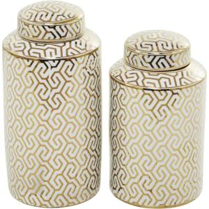 imageThe Novogratz Ceramic Geometric Living Room Decorative Jars Decorative Container with White Accents Set of 2 Jar with Lid 14quot 12quotH GoldGold