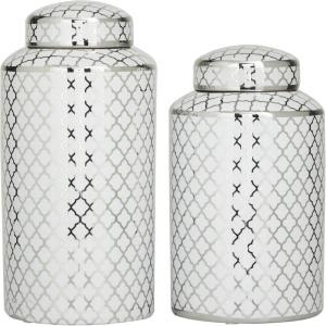 imageThe Novogratz Ceramic Geometric Living Room Decorative Jars Decorative Container with White Accents Set of 2 Jar with Lid 14quot 12quotH GoldSilver