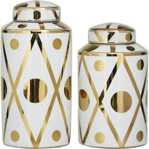 imageThe Novogratz Ceramic Geometric Living Room Decorative Jars Decorative Container with White Accents Set of 2 Jar with Lid 14quot 12quotH GoldWhite