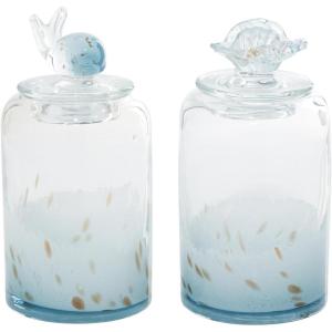 imageDeco 79 Glass Shell Handmade Living Room Decorative Jars Decorative Container with Whale and Seashell Tops Set of 2 Jar with Lid 5quotW 9quotH BlueLight Blue
