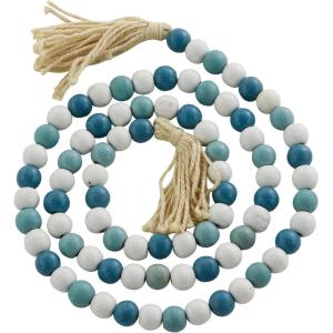 imageDeco 79 Mango Wood Handmade Hexagon Carved Geometric Long Beaded Garland with Tassel 80quot x 1quot x 1quot BlueBlueTealWhite
