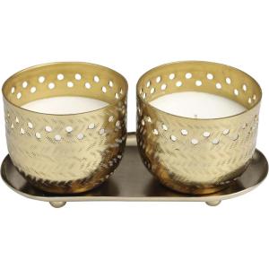 imageDeco 79 Metal Decorative Candle Egyptian Mint Scented Cutout Spotted 7 oz 1 Wick Aromatherapy Candle with White Wax Set of 2 Wax Aromatherapy Candle 8quot W 4quot H GoldWhite