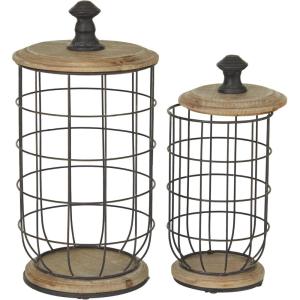 imageDeco 79 Metal Kitchen Living Room Decorative Jars Caged Style Decorative Container with Wood Lids Set of 2 Jar with Lid 16quot 13quot H Black