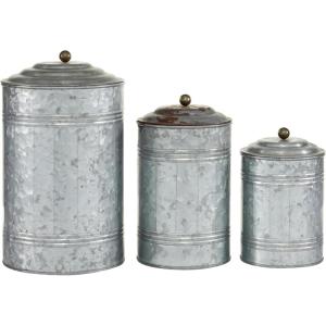 imageDeco 79 Metal Living Room Decorative Jars Galvanized Ribbed Decorative Container with Gold Ball Knobs Set of 3 Jar with Lid 12quot 9quot 8quotH Gray