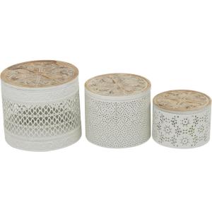 imageDeco 79 Metal Living Room Decorative Jars Laser Cut Metal Decorative Container with Carved Wood Lids Set of 3 Jar with Lid 7quot 6quot 4quotH White7  6  4H