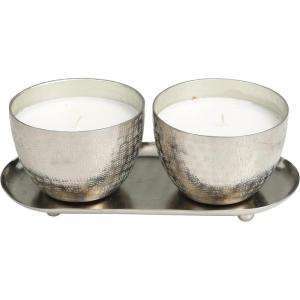 imageDeco 79 Metal Decorative Candle Campfire Scented Grid Patterned 10 oz 1 Wick Aromatherapy Candle with White Wax Set of 2 Wax Aromatherapy Candle 10quot W 4quot H SilverWhite