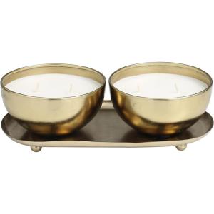 imageDeco 79 Metal Decorative Candle English Garden Scented 12 oz 2 Wick Aromatherapy Candle with White Wax Set of 2 Wax Aromatherapy Candle 10quot W 3quot H GoldWhite
