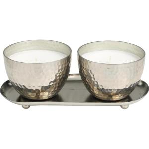 imageDeco 79 Metal Decorative Candle Sweet Bamboo Scented Hammered 10 oz 1 Wick Aromatherapy Candle with White Wax Set of 2 Wax Aromatherapy Candle 10quot W 4quot H Silver