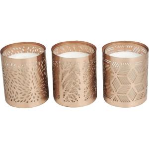 imageDeco 79 Metal Geometric Decorative Candle Campfire Scented 13 oz 1 Wick Aromatherapy Candle with White Wax Set of 3 Wax Aromatherapy Candle 4quot W 4quot H CopperWhite