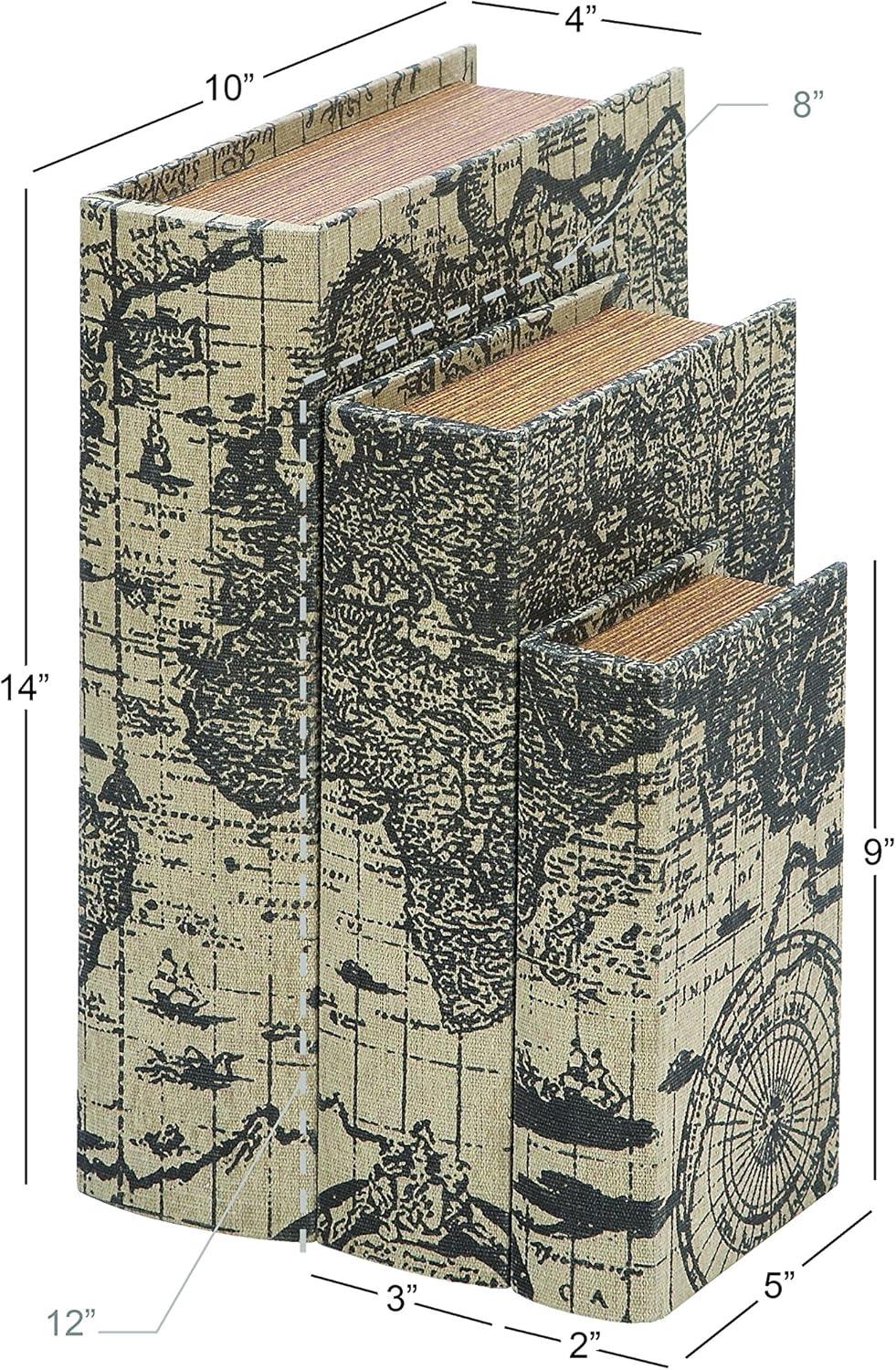 imageDeco 79 Wooden Decorative Box Faux Book Book Shaped Boxes with World Map Cover Set of 3 Decorative Keepsake Boxes 14quot 12quot 9quotH Multi ColoredBeige