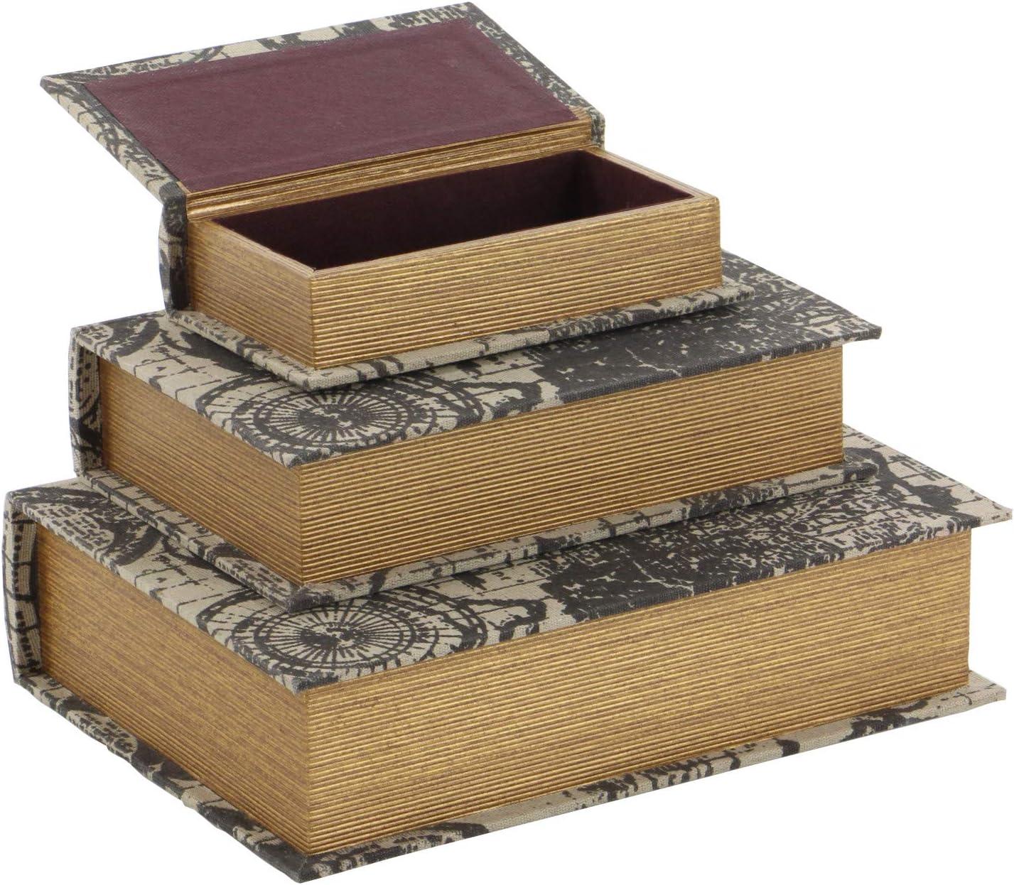 imageDeco 79 Wooden Decorative Box Faux Book Book Shaped Boxes with World Map Cover Set of 3 Decorative Keepsake Boxes 14quot 12quot 9quotH Multi ColoredBeige
