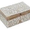 imageDeco 79 Mango Wood Floral Handmade Decorative Box Decorative Keepsake Boxes with Hinged Lid Set of 3 Storage Boxes 8quot 10quot 12quotW WhiteBrown