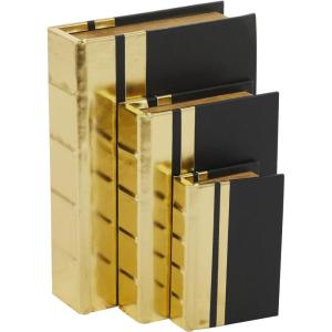 imageCosmoLiving by Cosmopolitan Faux Leather Decorative Box Faux Storage Book Book Shaped Boxes with Black Cover and Striped Spine Set of 3 Decorative Keepsake Boxes 12quot 9quot 6quotH GoldGold