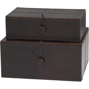 imageDeco 79 Leather Handmade Decorative Box Storage Decorative Keepsake Boxes with Leather Loop Closure and Detailed Stitching Set of 2 Storage Boxes 11quot 10quot W Dark Brown