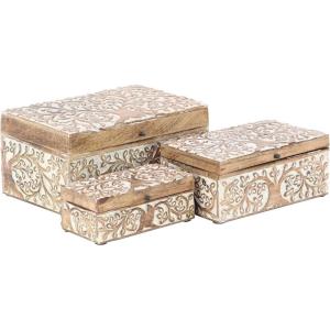 imageDeco 79 Mango Wood Floral Handmade Decorative Box Decorative Keepsake Boxes with Hinged Lid Set of 3 Storage Boxes 8quot 10quot 12quotW WhiteBrown