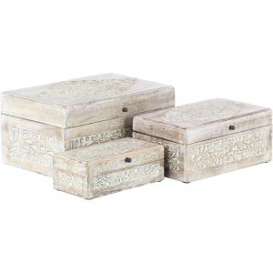 imageDeco 79 Mango Wood Floral Handmade Decorative Box Decorative Keepsake Boxes with Hinged Lid Set of 3 Storage Boxes 8quot 10quot 12quotW WhiteCream