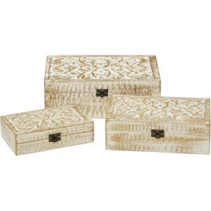 imageDeco 79 Mango Wood Floral Handmade Decorative Box Decorative Keepsake Boxes with Hinged Lid Set of 3 Storage Boxes 8quot 10quot 12quotW WhiteWHITE