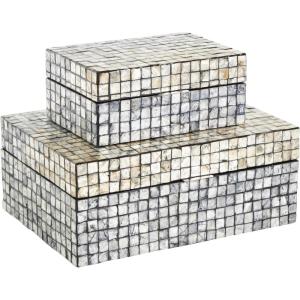 imageDeco 79 Mother of Pearl Shell Decorative Box Mosaic Storage Decorative Keepsake Boxes with Taupe Accents Set of 2 Storage Boxes 12quot 8quotW BeigeGray