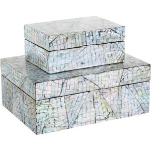 imageDeco 79 Mother of Pearl Shell Decorative Box Mosaic Storage Decorative Keepsake Boxes with Taupe Accents Set of 2 Storage Boxes 12quot 8quotW BeigeMulti Colored