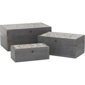 imageDeco 79 Wood Floral Decorative Box Decorative Keepsake Boxes with Hinged Lid Set of 3 Storage Boxes 8quot 10quot 12quotW Gray