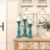 imageDeco 79 Wooden Decorative Candle Holder Distressed Turned Candle Stand Set of 3 Candlestick Holder 15quot 13quot 11quotH GrayBlue