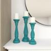 imageDeco 79 Wooden Decorative Candle Holder Distressed Turned Candle Stand Set of 3 Candlestick Holder 15quot 13quot 11quotH GrayBlue